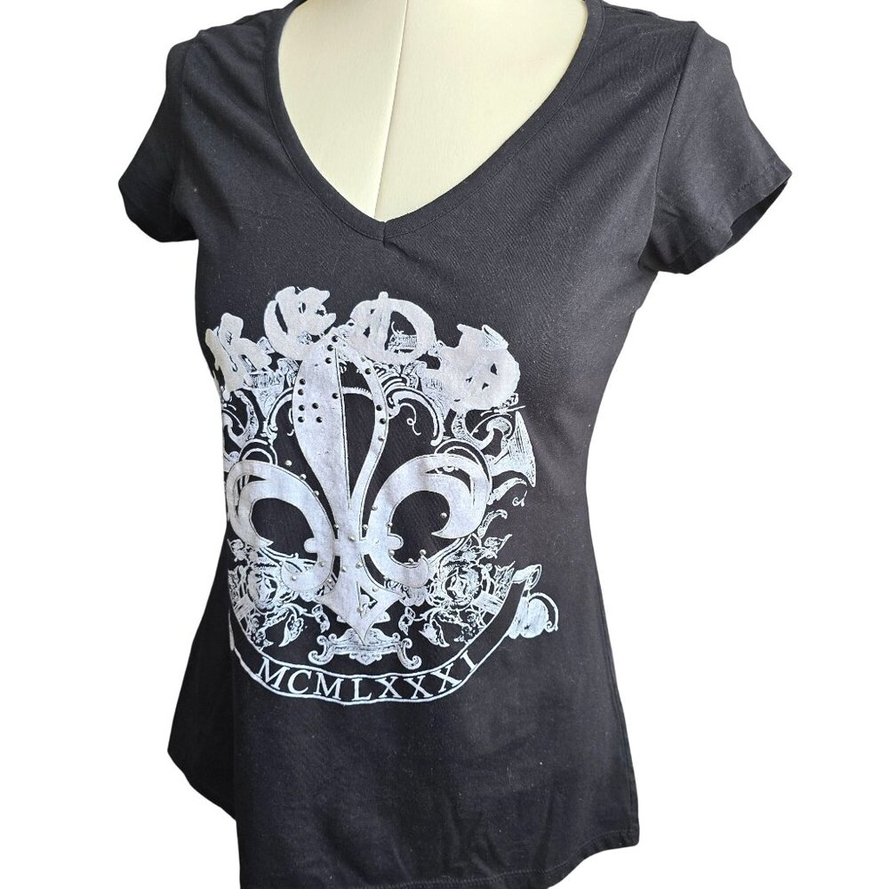 Dredd Black Womens Tee XL V-Neck Fleur-De-Lis Graphic T-Shirt Open Back JJ3941